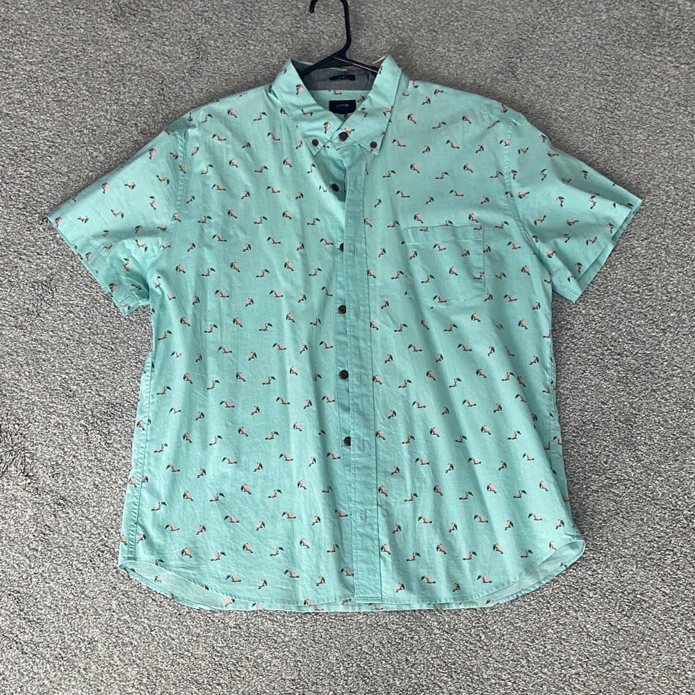 J. Crew Aqua Flamingo Print Slim Fit Button Down Shirt